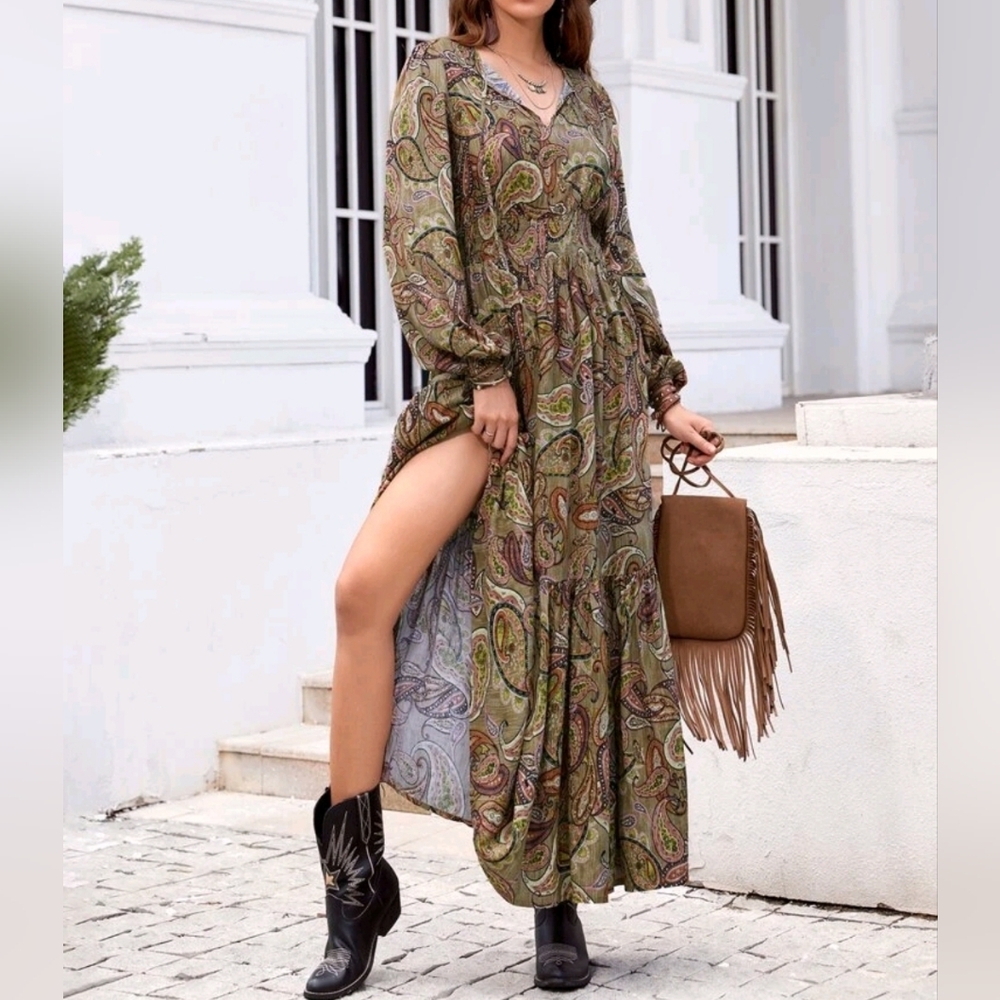 * New Boho Paisley Floral Ruffle Hem Maxi Dress Tan Brown Pink Yellow